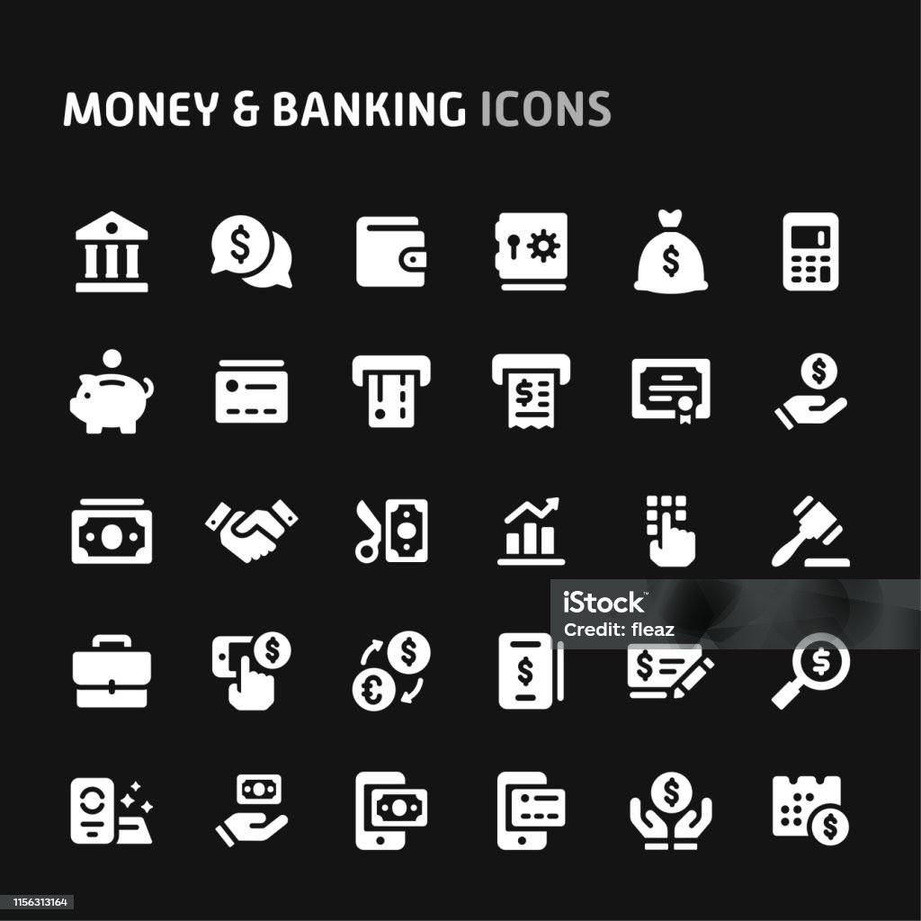 Money & Banking Vector Icon Set. Vector icons related to money and banking, white isolated over black background. Symbols such as money, banking and financial are included in this set. Editable vector icon, still looks perfect in small size. Icon Symbol stock vector