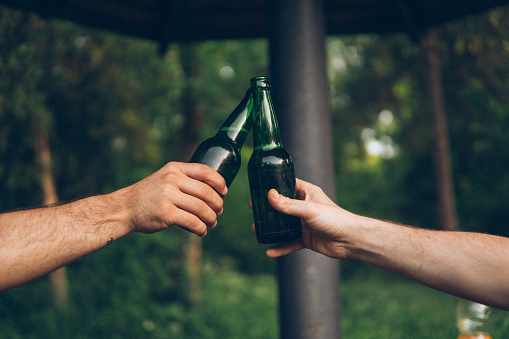 Friends clinking beer bottles on a picnic, cheerful guys having a drink in nature, summer picnic