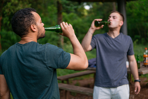 Two friends drinking beer in nature, on a holiday vacation, picnic relaxation, friendship refreshment in summer