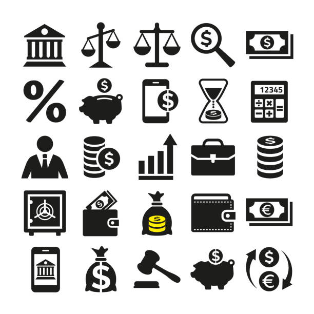 illustrazioni stock, clip art, cartoni animati e icone di tendenza di icone aziendali e finanziarie impostate su sfondo bianco. - banca