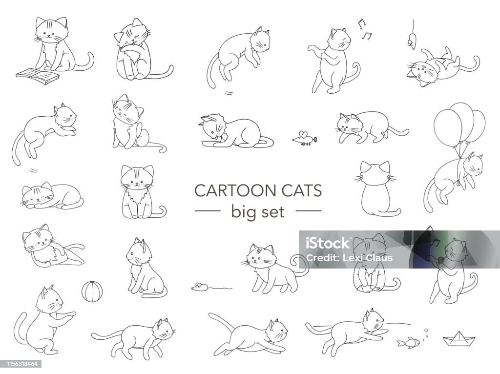 Vector Set Of Cute Cartoon Style Cat In Different Poses Animal Character  Illustration For Children Hand Drawn Line Drawings Of Funny Kitten Big  Collection Of Pets For Kids Coloring Animation Stock Illustration -