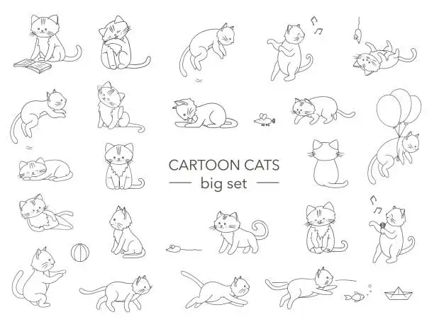 Vector illustration of Vector set of cute cartoon style cat in different poses. Animal character illustration for children. Hand drawn line drawings of funny kitten. Big collection of pets for kids, coloring, animation.