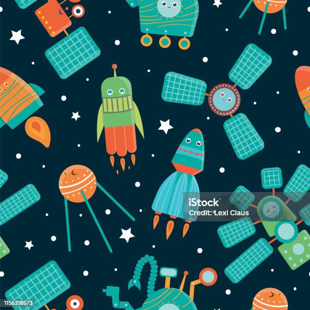 Vector Seamless Pattern Of Space Technics For Children Bright And Cute Flat Illustration Of Spaceship Rocket Satellite Space Station Rover On Dark Blue Background Stock Illustration - Download Image Now