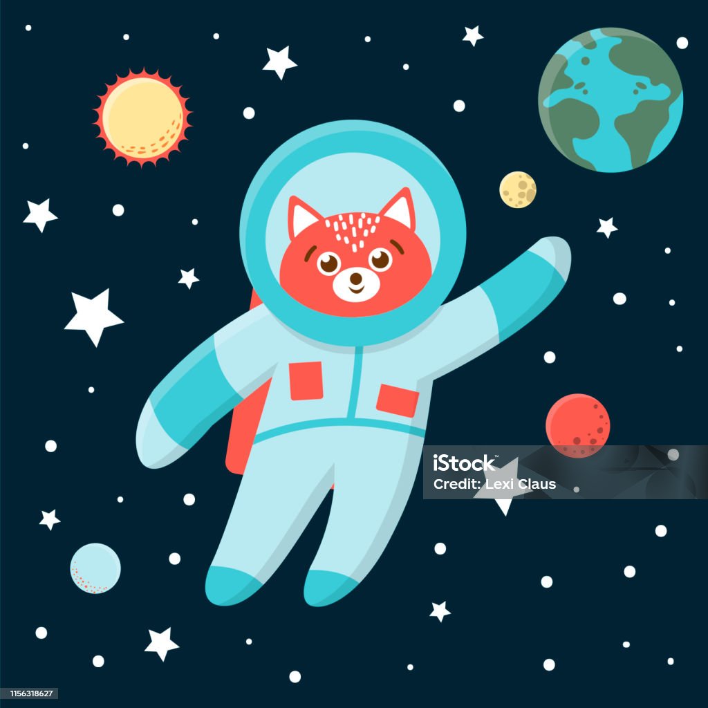 Vector funny astronaut fox in space with planets and stars. Cute cosmic illustration for children on blue background Outer Space stock vector
