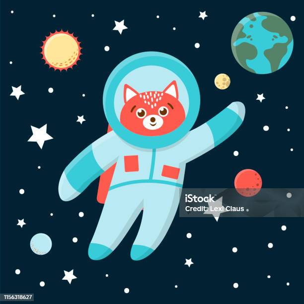 Vector Funny Astronaut Fox In Space With Planets And Stars Cute Cosmic Illustration For Children On Blue Background Stock Illustration - Download Image Now