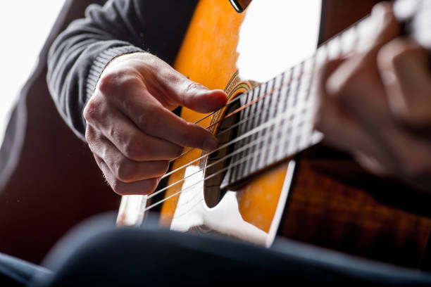 istock adult white guy playing an acoustic guitar. Backlit shooting 1156319892