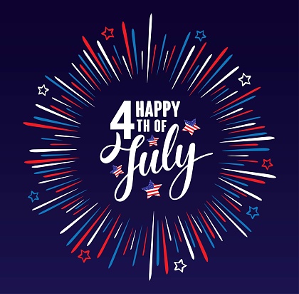 istock Happy 4th of July Independence day USA  handwritten phrase with stars, American flag and firework isolated on dark blue background. Vector lettering illustration. 1156321709