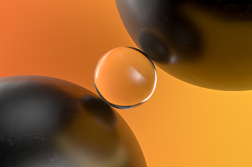 3d rendering of black color and transparent spheres on orange color background. Balance minimal concept.