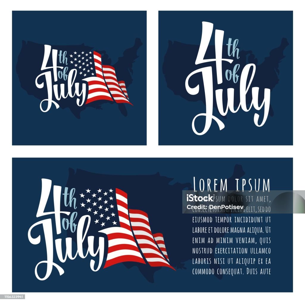 4 of July hand lettering inscription with map and flag USA 4th of July calligraphic handwriting lettering with american flag and map USA. For poster, greeting card and banner independence day. Isolated on dark blue background. Fourth of July stock vector