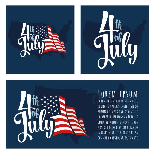 4 of July hand lettering inscription with map and flag USA 4th of July calligraphic handwriting lettering with american flag and map USA. For poster, greeting card and banner independence day. Isolated on dark blue background. july illustrations stock illustrations