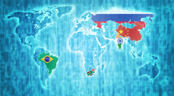 ilustraciones, imágenes clip art, dibujos animados e iconos de stock de los países miembros de brics en el mapa digital del mundo - brics