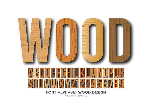 ilustrações de stock, clip art, desenhos animados e ícones de font alphabet number wood effect vector - letterpress typescript alphabet wood