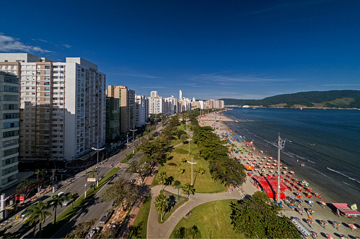 Aerial view of the shore and beach of the city of Santos in southeastern Brazil