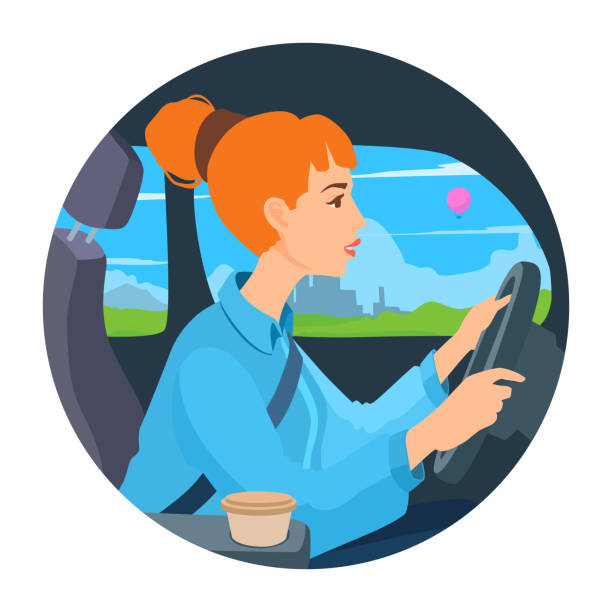 ilustrações, clipart, desenhos animados e ícones de rapariga bonita com penteado do bolo do cabelo que senta-se atrás da roda de um carro. - looking through window illustrations