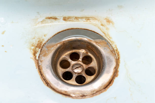 dirty sink drain mesh, hole with limescale or lime scale and rust on it close up, dirty rusty bathroom washbowl - water pipe rusty dirty equipment imagens e fotografias de stock