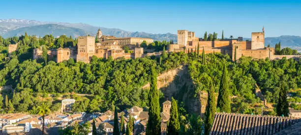 Panoramic sight of the Alhambra Palace in Granada as seen from the Mirador San Nicolas. Andalusia, Spain.