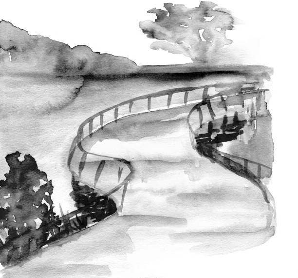 schwarze tinte skizze moderne flussufer im stadtpark. handgezeichnete illustration auf papier - flussufer sonne stock-grafiken, -clipart, -cartoons und -symbole