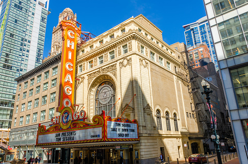 Chicago/ Illinois/USA - April 13, 2019:the Chicago Theatre holds the most history in the city. When it opened in 1921, the Chicago Theater was so beautifully called \