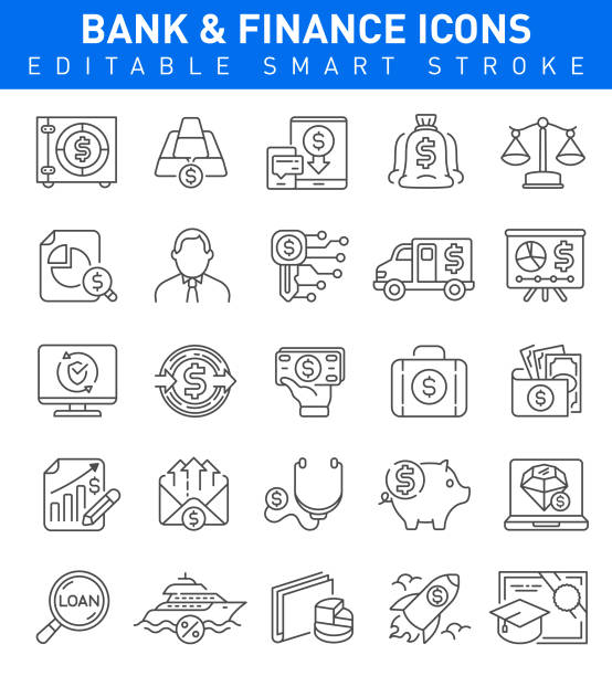 Bank and Finance Icons. Editable stroke Finance icons with money, bank, business and loan symbols armored truck stock illustrations