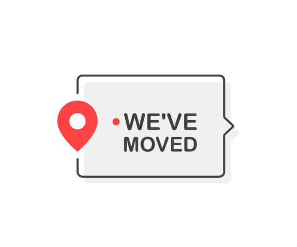 We moved sign with pin. Flat cartoon style. Modern line vector illustration We moved sign with pin. Flat cartoon style. Modern line vector illustration. crash site stock illustrations