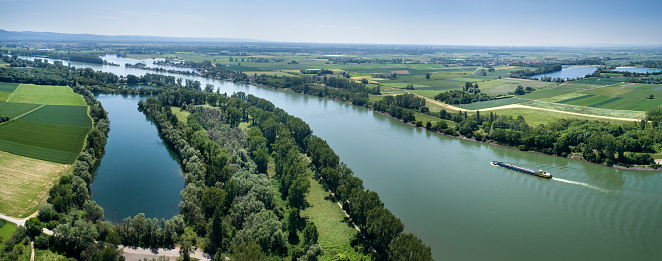 Aerial view of German landscape, Rhine River and nautical vessel