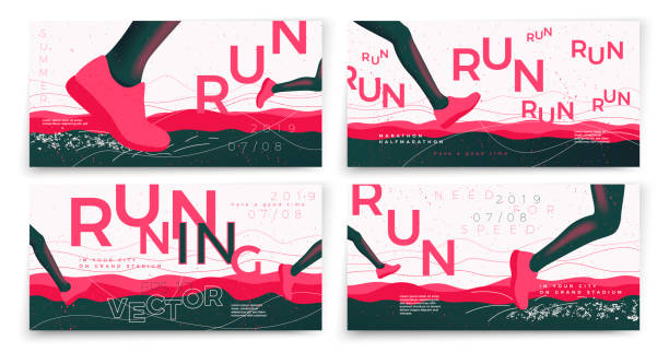 Vector typographic running banners template set Vector typographic running banners template set, with legs, grunge textures, and place for your texts. athletic legs stock illustrations