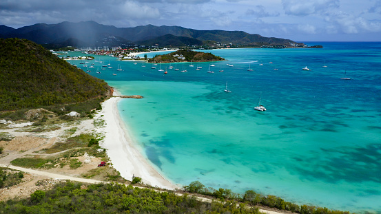 Aerial view of cove bay beach and jolly harbour, Antigua, Barbuda
