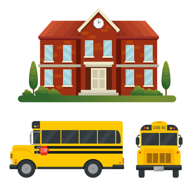 ilustraciones, imágenes clip art, dibujos animados e iconos de stock de conjunto de la escuela con árboles y transporte de vehículos de autobús - transporte escolar