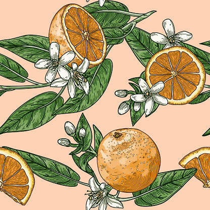 Repeating seamless pattern of oranges, orange slices, leaves and blossoms in a vintage retro style
