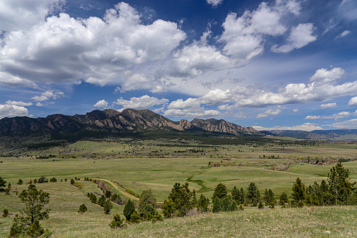 The Great Plains meet the Rocky Mountains of the Boulder Flatirons as viewed from Westminster, Colorado