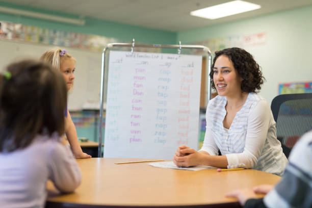 istock Female teacher sitting with first grade students at a classroom table 1156352492