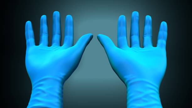 istock 3d illustration of Hands putting on gloves over a creative blue background. 1156354430