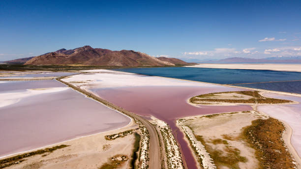 A Sweeping Drove View Of The Pink And White Salt Reservoirs Near Antelope Island Near The Great Salt Lake In Utah stock photo
