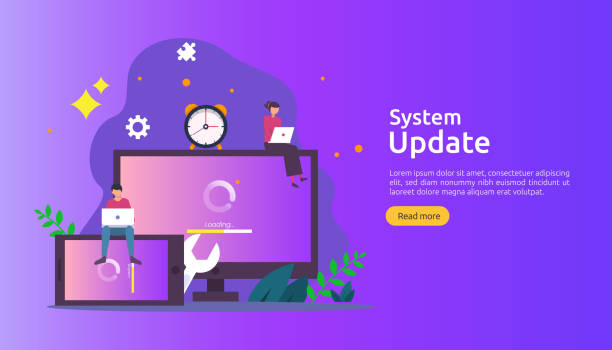 operation system update progress concept. data synchronize process and installation program. illustration web landing page template, banner, presentation, UI, poster, ad, promotion or print media operation system update progress concept. data synchronize process and installation program. illustration web landing page template, banner, presentation, UI, poster, ad, promotion or print media. synchronize stock illustrations