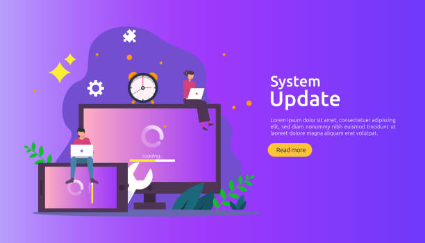 operation system update progress concept. data synchronize process and installation program. illustration web landing page template, banner, presentation, UI, poster, ad, promotion or print media operation system update progress concept. data synchronize process and installation program. illustration web landing page template, banner, presentation, UI, poster, ad, promotion or print media. new page stock illustrations