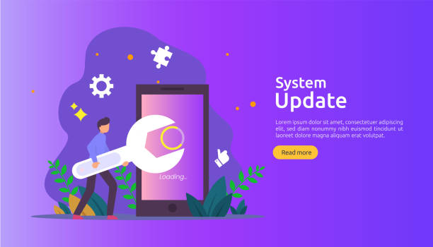 operation system update progress concept. data synchronize process and installation program. illustration web landing page template, banner, presentation, UI, poster, ad, promotion or print media operation system update progress concept. data synchronize process and installation program. illustration web landing page template, banner, presentation, UI, poster, ad, promotion or print media. synchronize stock illustrations
