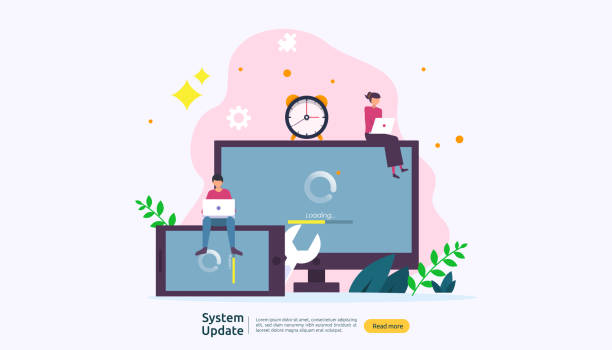 operation system update progress concept. data synchronize process and installation program. illustration web landing page template, banner, presentation, UI, poster, ad, promotion or print media operation system update progress concept. data synchronize process and installation program. illustration web landing page template, banner, presentation, UI, poster, ad, promotion or print media. synchronize stock illustrations