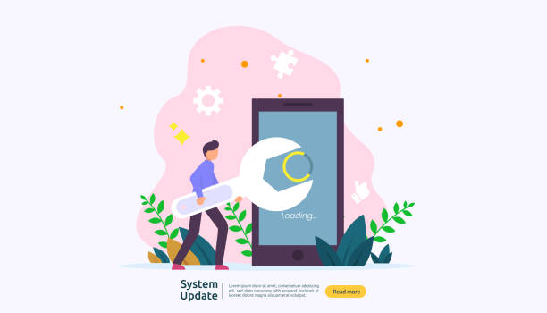 operation system update progress concept. data synchronize process and installation program. illustration web landing page template, banner, presentation, UI, poster, ad, promotion or print media operation system update progress concept. data synchronize process and installation program. illustration web landing page template, banner, presentation, UI, poster, ad, promotion or print media. synchronize stock illustrations