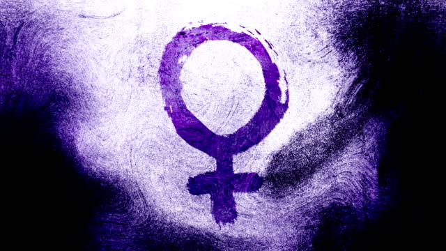 Purple Venus, female, gender symbol on a high contrasted grungy and dirty, animated, distressed and smudged 4k video background with swirls and frame by frame motion feel with street style for the concepts of gender equality, women-social issues