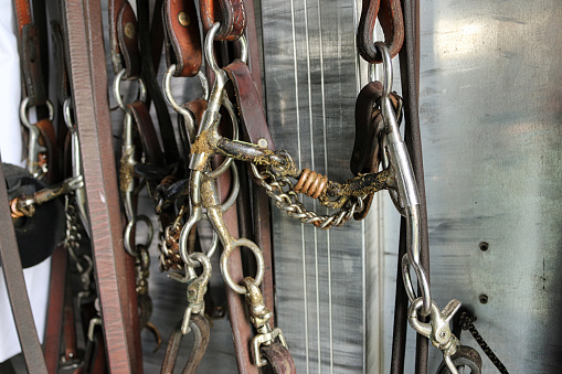 Western bridle headstall hanging in horse trailer tack room dressing room with dogbone roller curb bit