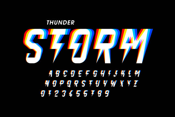 Thunder storm font Thunder storm style font design, alphabet letters and numbers vector illustration thunderstorm stock illustrations