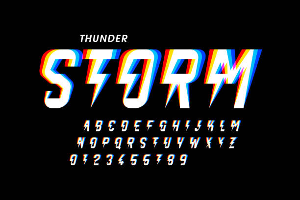 Thunder storm font Thunder storm style font design, alphabet letters and numbers vector illustration thunder bolt 3d stock illustrations