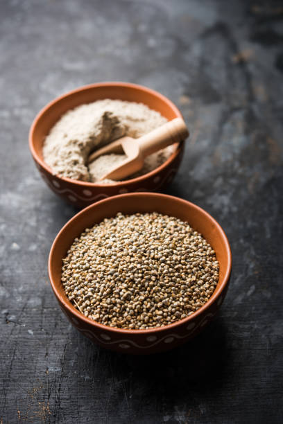 Bajra (pearl millet) / sorghum grains with it's flour or powder in a bowl, selective focus stock photo