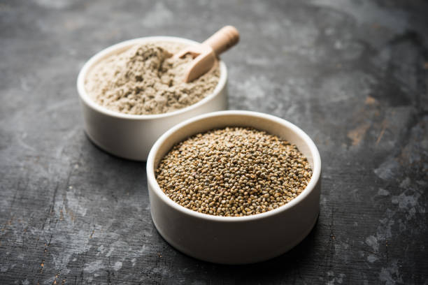 istock Bajra (pearl millet) / sorghum grains with it's flour or powder in a bowl, selective focus 1156378423
