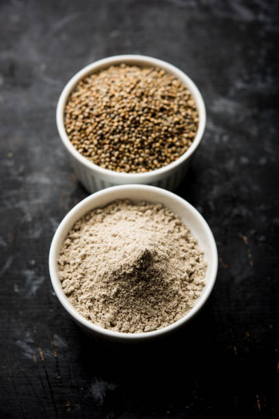 istock Bajra (pearl millet) / sorghum grains with it's flour or powder in a bowl, selective focus 1156378465