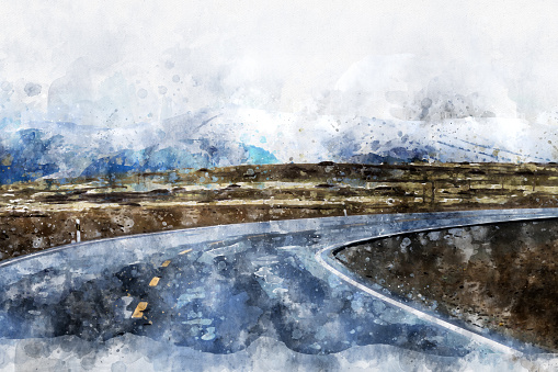 mountain peak on the road under snow, Sichuan, China. Digital Art Watercolor Painting Abstract