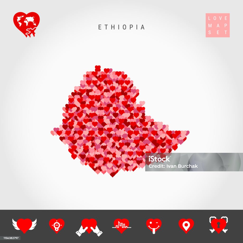 I Love Ethiopia. Red Hearts Pattern Vector Map of Ethiopia. Love Icon Set I Love Ethiopia. Red and Pink Hearts Pattern Vector Map of Ethiopia Isolated on Grey Background. Love Icon Set. Air Vehicle stock vector
