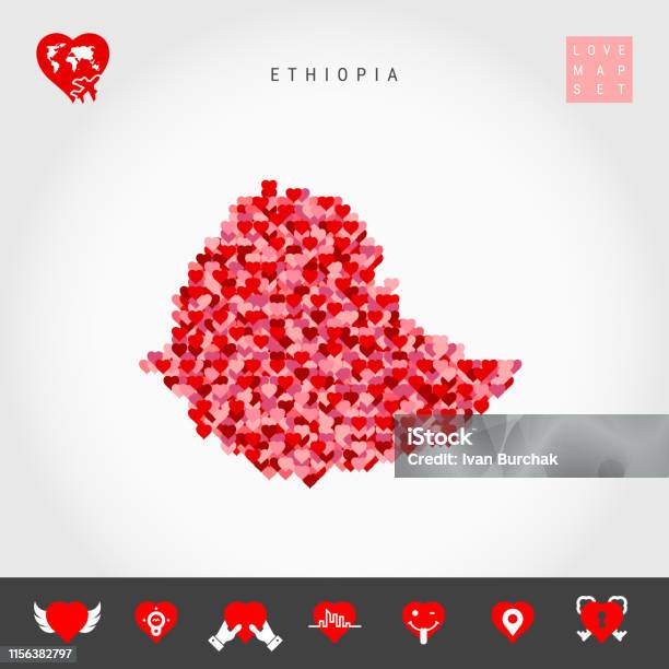 I Love Ethiopia Red Hearts Pattern Vector Map Of Ethiopia Love Icon Set Stock Illustration - Download Image Now