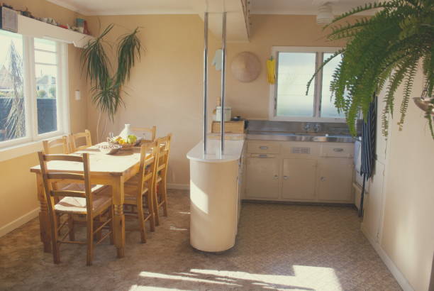 New Zealand Home Exterior A typical interior of a 1950's bungalow home. These homes were popular personal built homes in the 1940's- 1960's in New Zealand. retro 1950s kitchen stock pictures, royalty-free photos & images