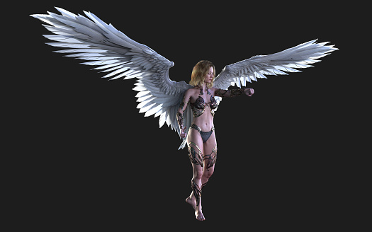 3d Illustration the Heaven Angel Wings, White Wing Plumage Isolated on Black Background with Clipping Path.